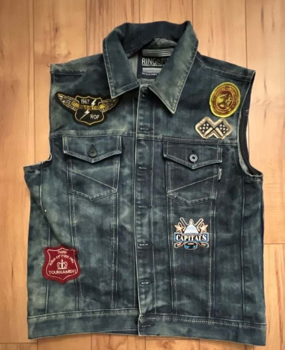 Ring of Fire Men's Acid Wash Denim Vest with Decorative Patches Size Large
